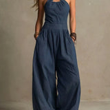 White | Elegant Linen and Cotton Jumpsuit with Crossed Neckline