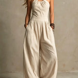 White | Elegant Linen and Cotton Jumpsuit with Crossed Neckline