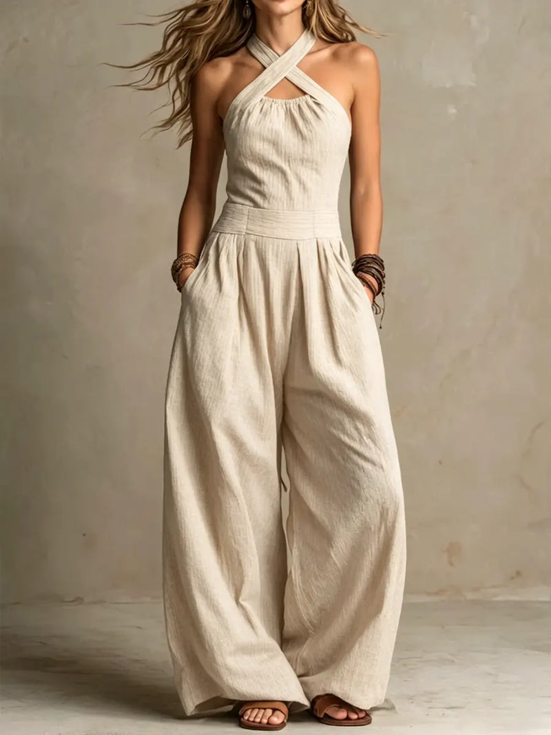 White | Elegant Linen and Cotton Jumpsuit with Crossed Neckline