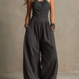 White | Elegant Linen and Cotton Jumpsuit with Crossed Neckline